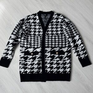 Aqua Black and White Houndstooth Cardigan